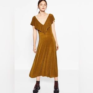 Zara Gold Metallic Micro Pleated Bodycon Deep V Neckline Slinky Midi Dress -Sz S